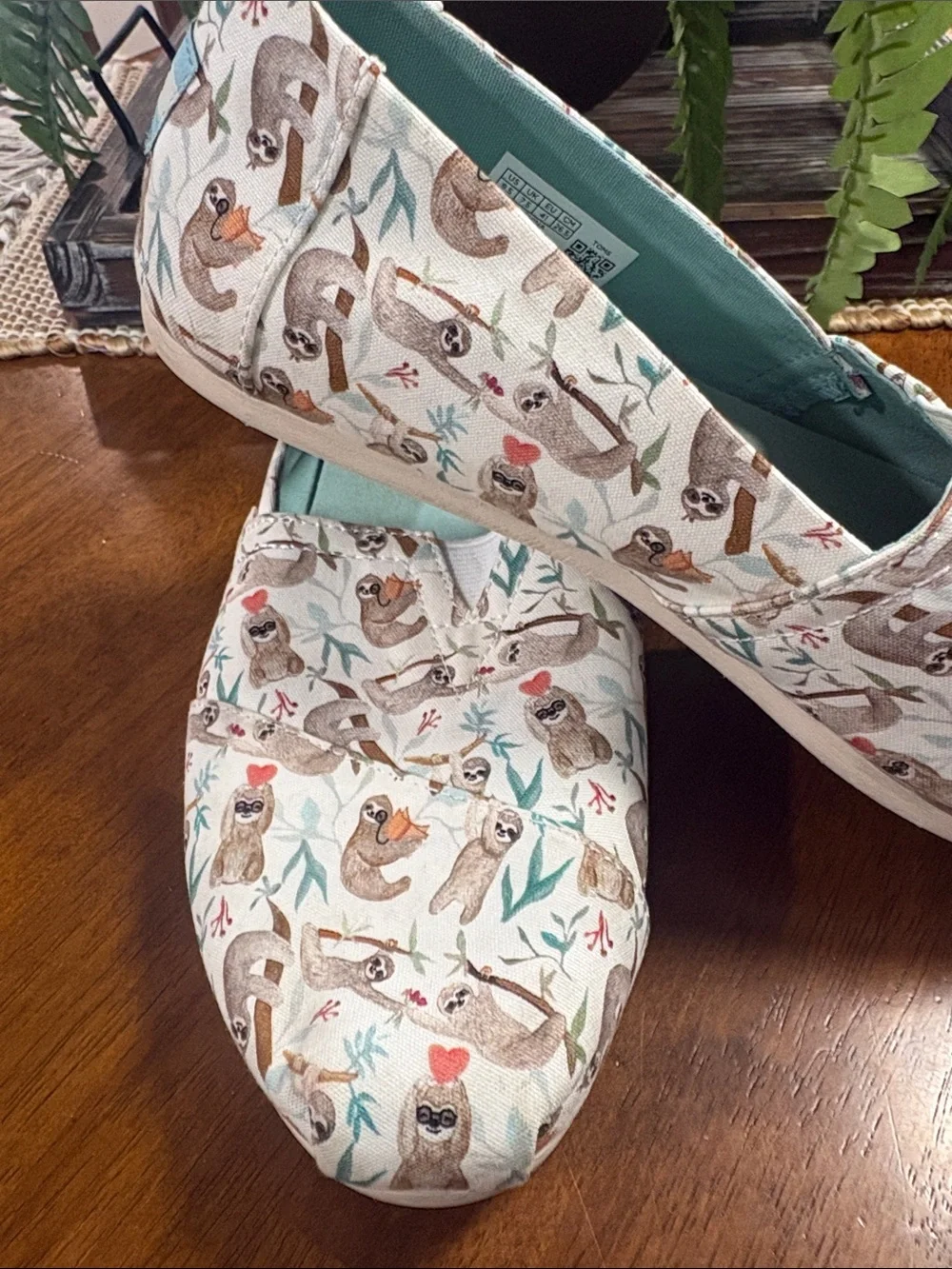 Toms Slip-On Flats in Cream with Teal Insole and Sloth Print